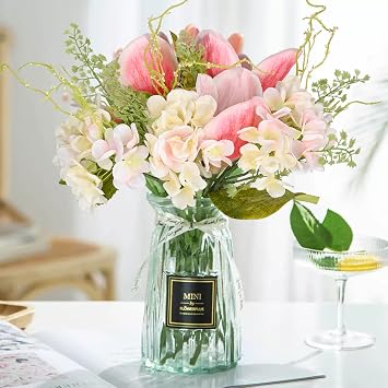 White Peony Flowers, Artificial Fake Silk Flower Bouquet, Magnolia Leaves Hydrangea Flowers Picks Arrangement for Farmhouse Home Office Kitchen Dining Table Centerpieces Decor6 Stems, Pink
