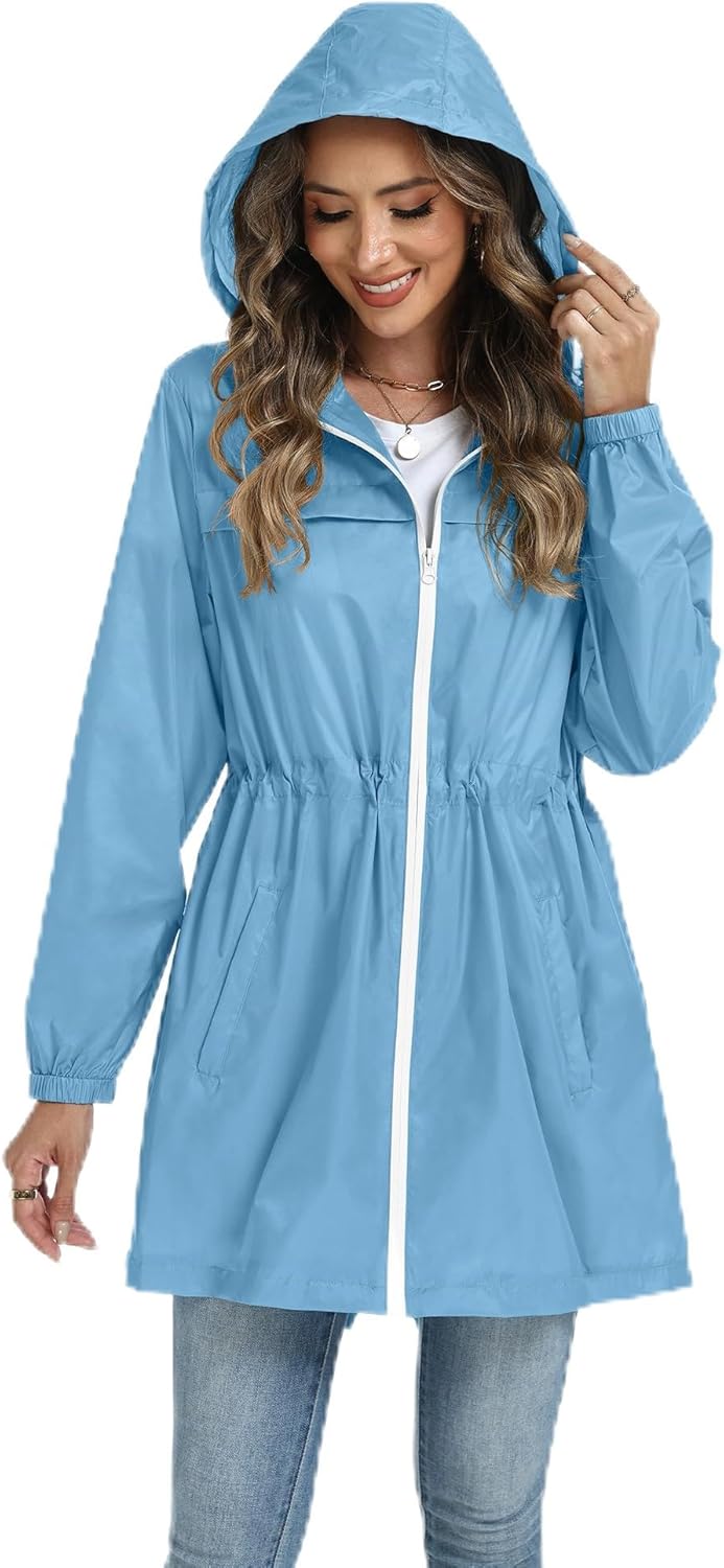Hount Women's Waterproof Long Raincoats Lightweight Packable Rain Jackets with Hood Active Outdoor Breathable Raincoats