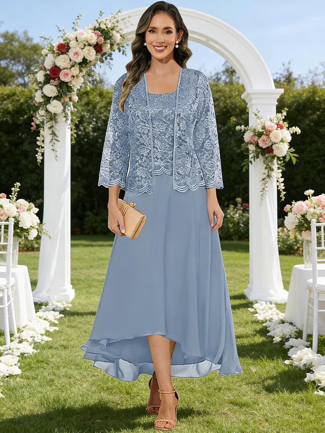 2 Pieces Tea Length Mother of The Bride Dresses with Jacket Chiffon Lace Formal Evening Gown