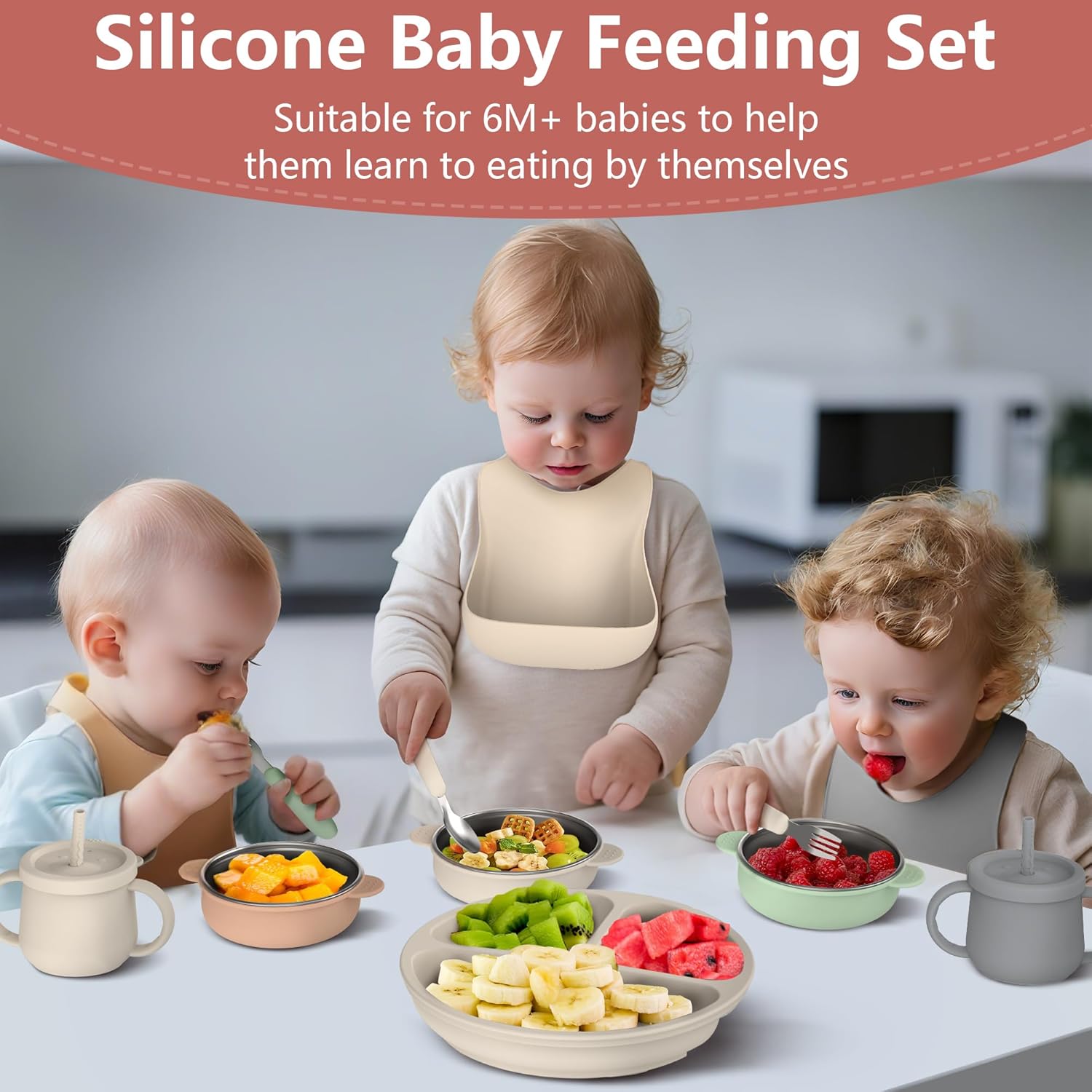 27 Pack Silicone Baby Feeding Set, Hepotk BPA-Free Food Grade Baby Feeding Essentials Utensils, Second Stage Baby Food Eating Utensils, Set of 3 babies((Brown, Beige, Grey)