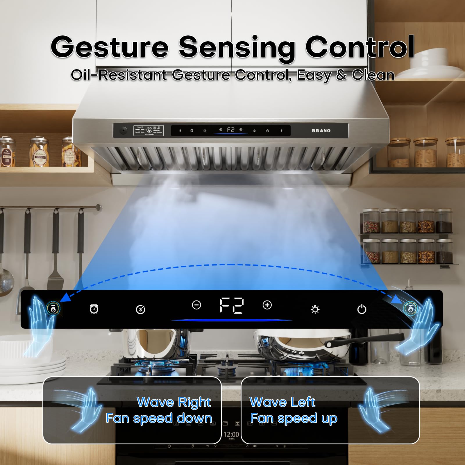 BRANO Under Cabinet Range Hood 30 Inch, 1200 CFM DC Motor Kitchen Hood with 6 Speeds Fan, Stainless Steel Ducted Vent Hood with Voice/Gesture/Touch Control,Memory Mode - 5