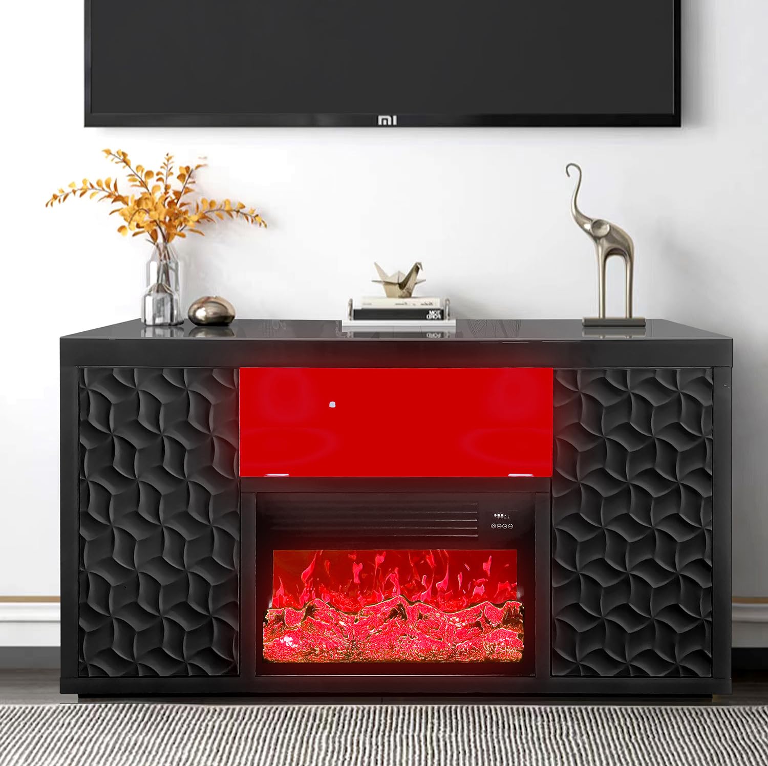 Black Electric Fireplace with LED Panel, Speakers, and Remote