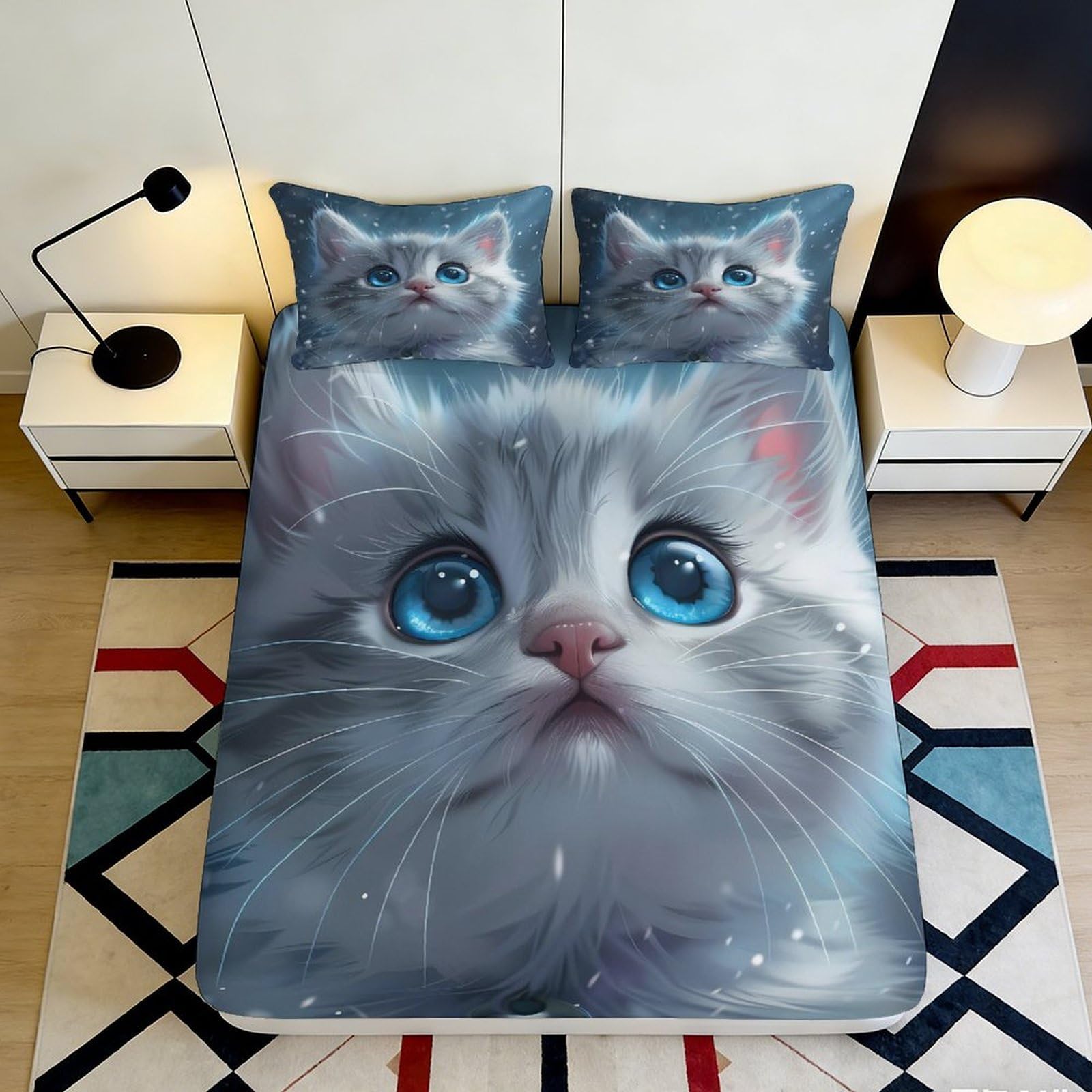 3D Printed Blue Cat Fitted Sheet Microfiber Soft Breathable Cartoon Kitten Mattress Cover for Bedroom Dorm Protection Decor 120x200x25cm