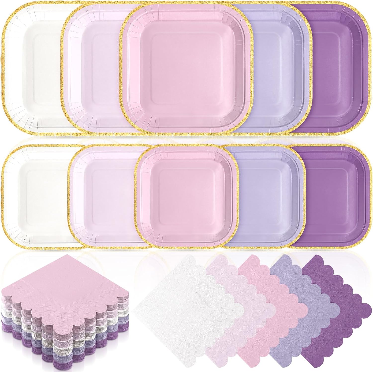 Zhehao 150 Piece Pink and Purple Plates and Napkins for 50 Guests, Includes 7" and 9" Purple Square Paper Plates, Scalloped Napkins for Butterfly Baby Showers, Weddings, Birthday Party Decorations