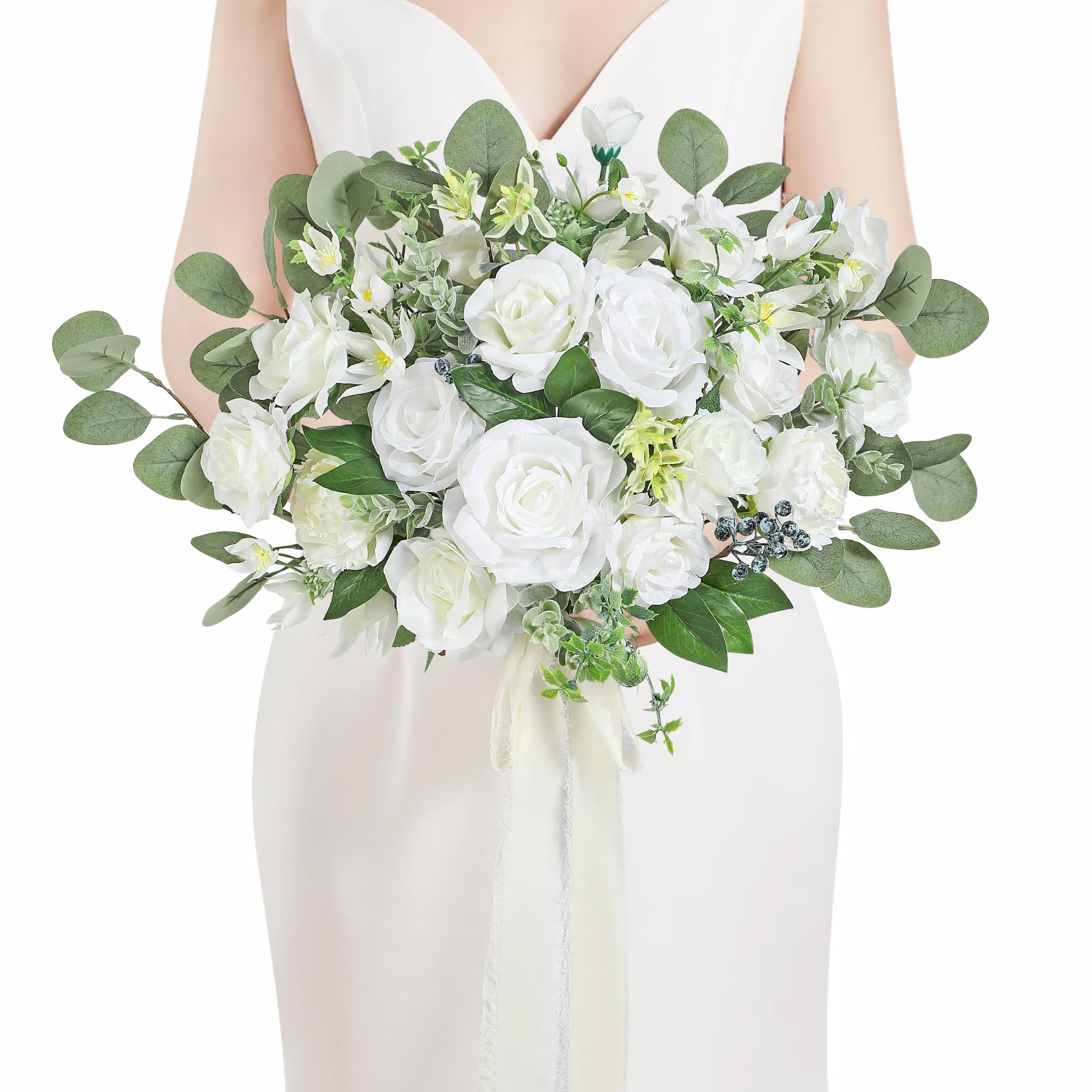 Serwalin 18.5" Wedding Bouquet - White Bridal Flowers, Sage Green Artificial Bride Bouquet for Ceremony and Anniversary