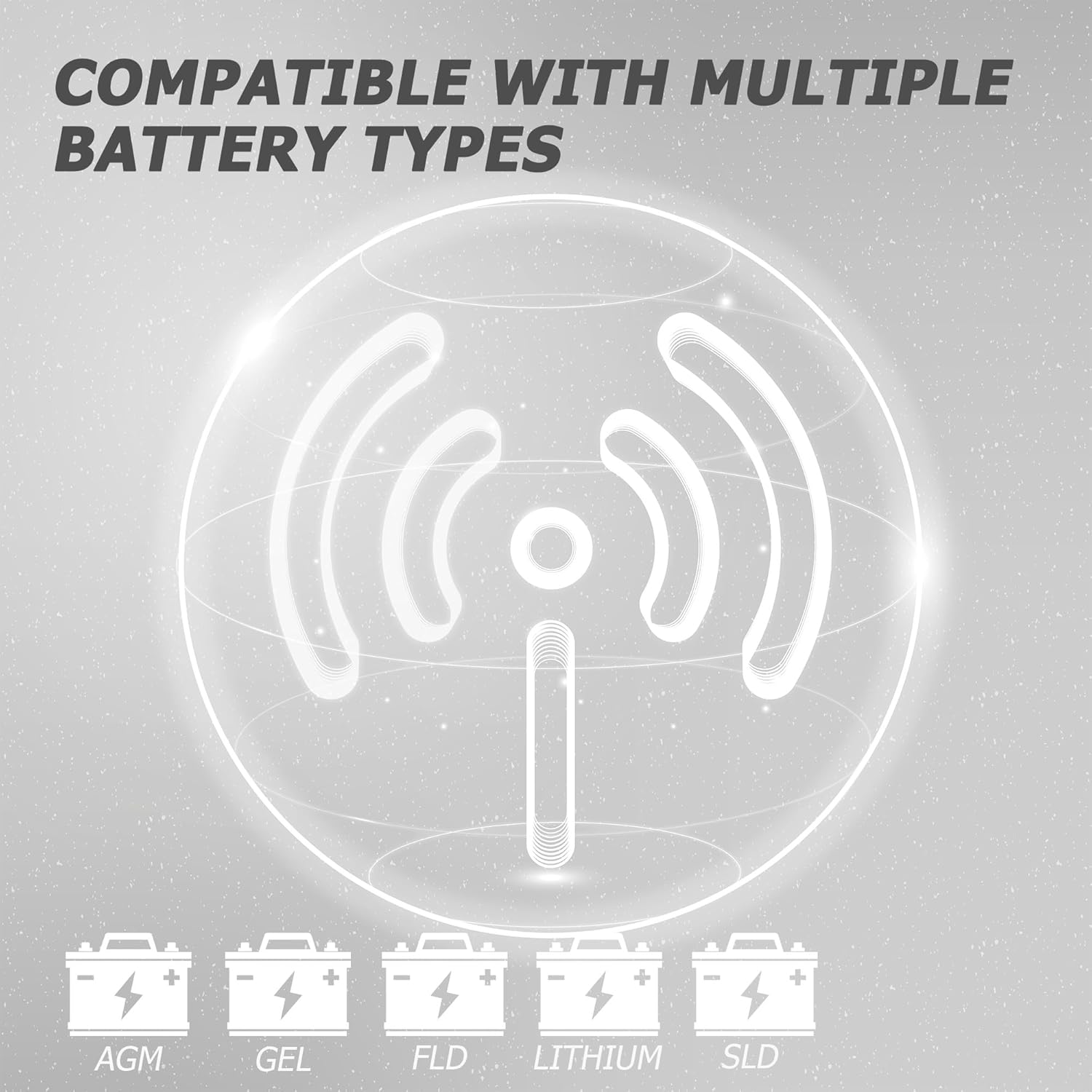 Diagram showing compatibility with multiple battery types: AGM, GEL, FLD, Lithium, SLD