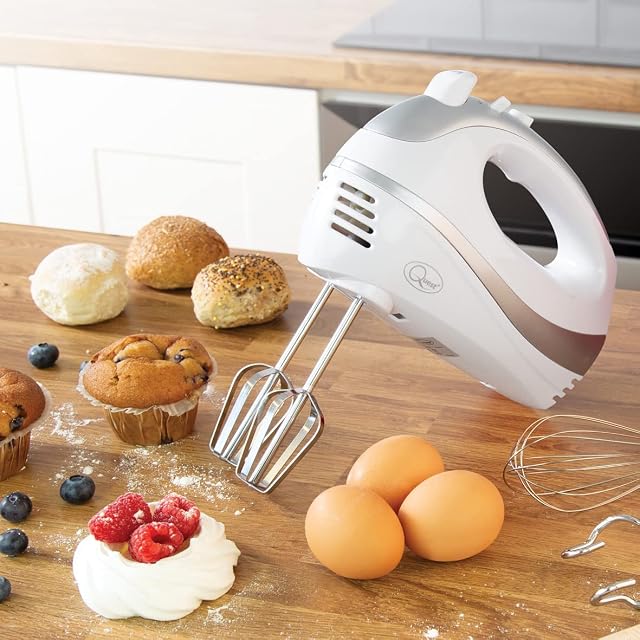 Quest 35890 Electric Hand Mixer / Complete With Chrome Beaters, Dough Hooks & Balloon Whisk / 5 Speed With Turbo Function / 300W / White Colour