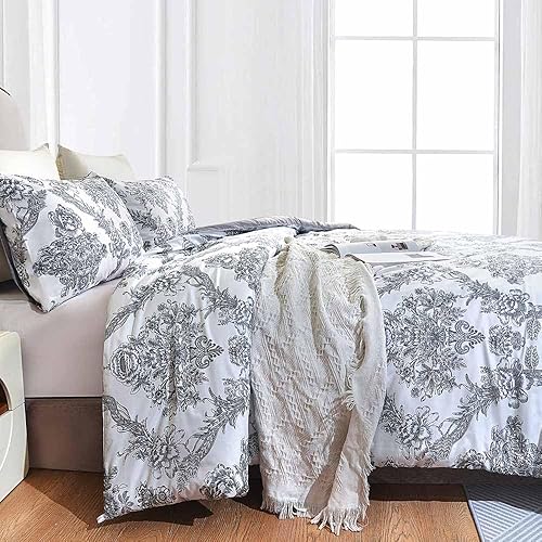 Miniatura 4 de Nanko Juego de funda de edredón gris claro, tamaño Queen, 3 piezas, color gris, bohemio, copetudo, de microfibra, para todas las estaciones,