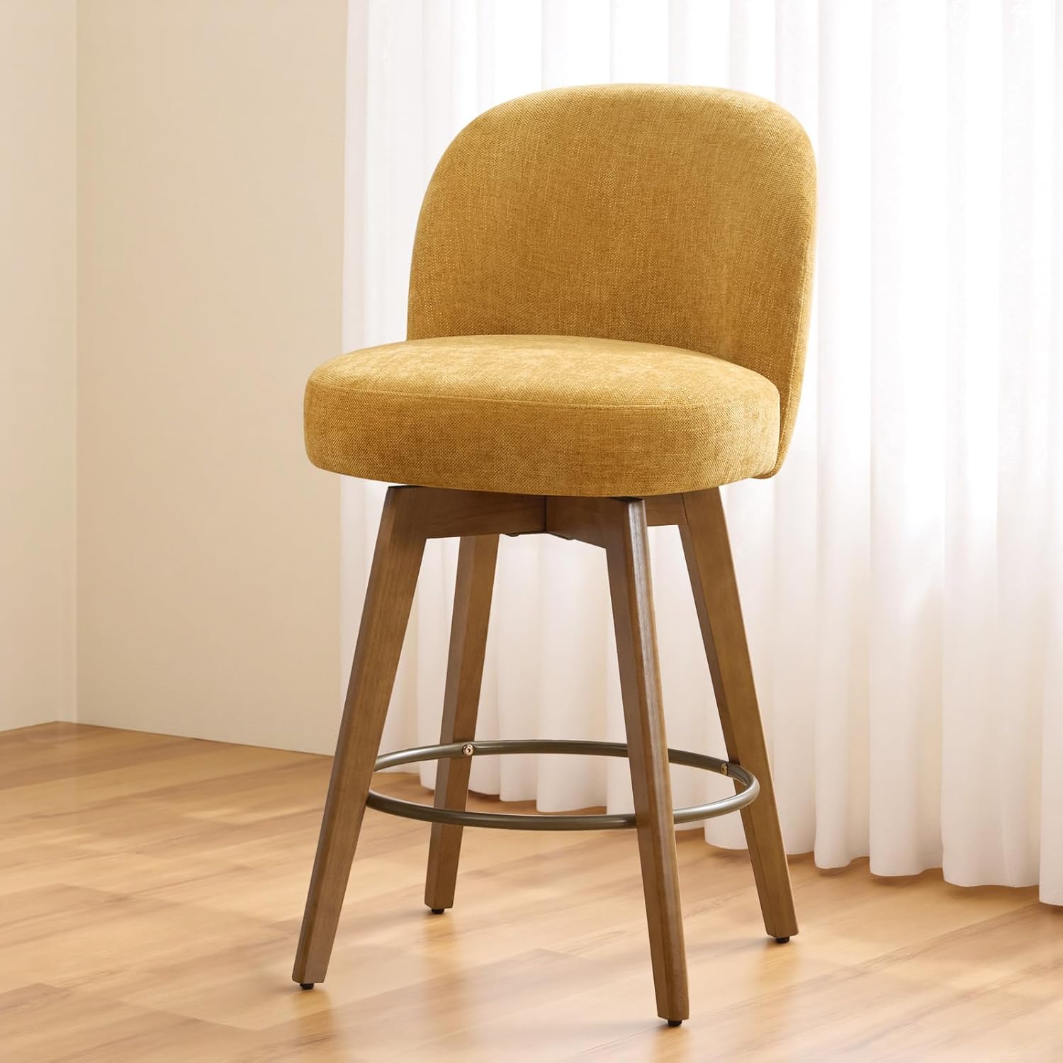 Swivel Bar Stools for Kitchen Island, 26" Counter Height - Padded Counter Stools with Backs and Round Seat, Upholstered Barstools with Walnut Wooden Legs, Fabric in Yellow
