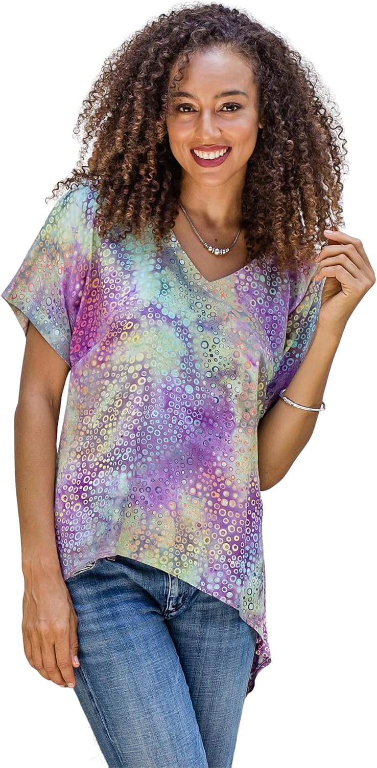 NOVICA Artisan Handmade Hilow Rayon Blouse Pastel Batik Clothing Top Multicolor Printed Indonesia 'Pastel Bubbles'