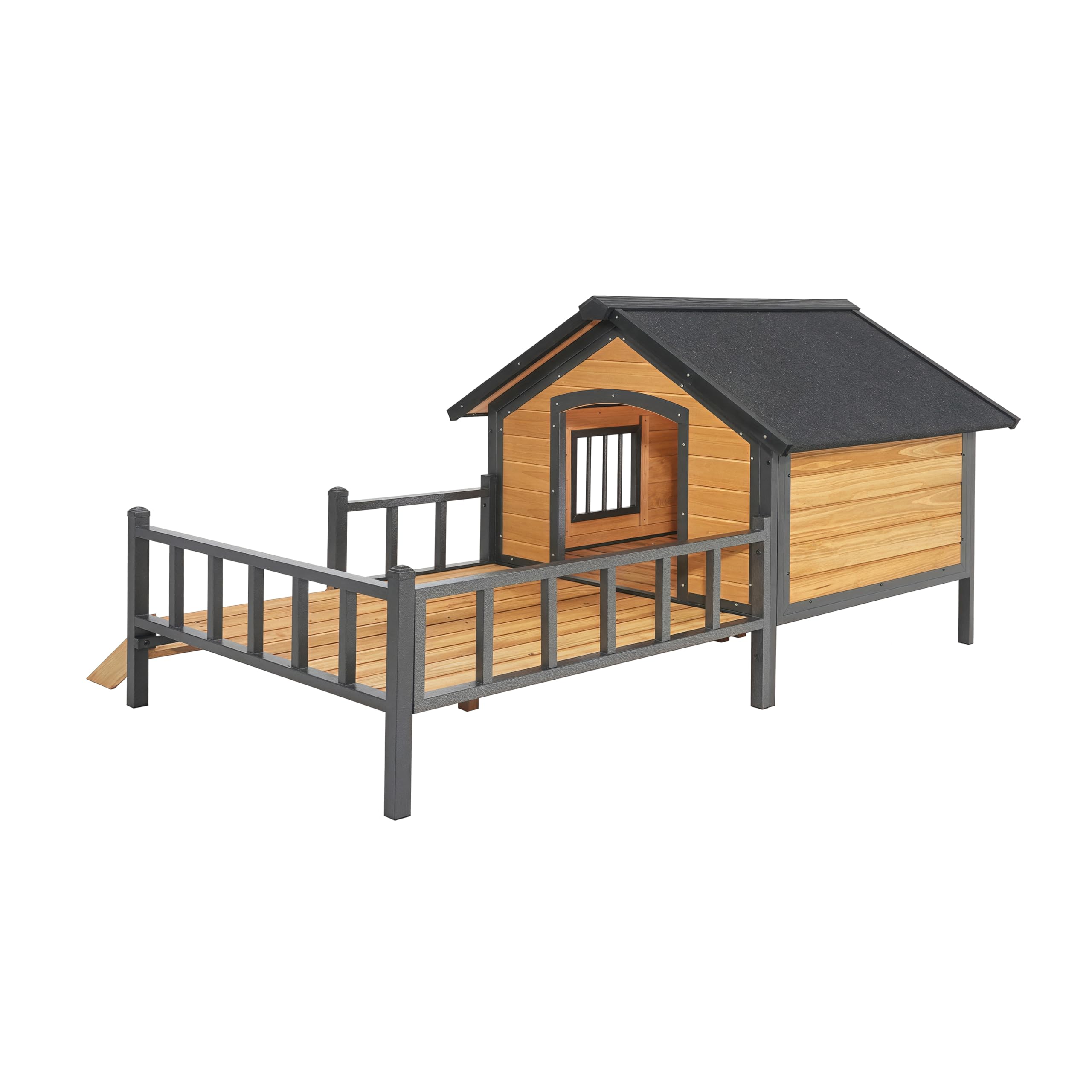 ZMAD Large Dog House Outdoor Weatherproof, Dog Houses with Elevated Floor and Porch,All-Around Iron Frame,Big Wooden Dog Houses for Small to Large