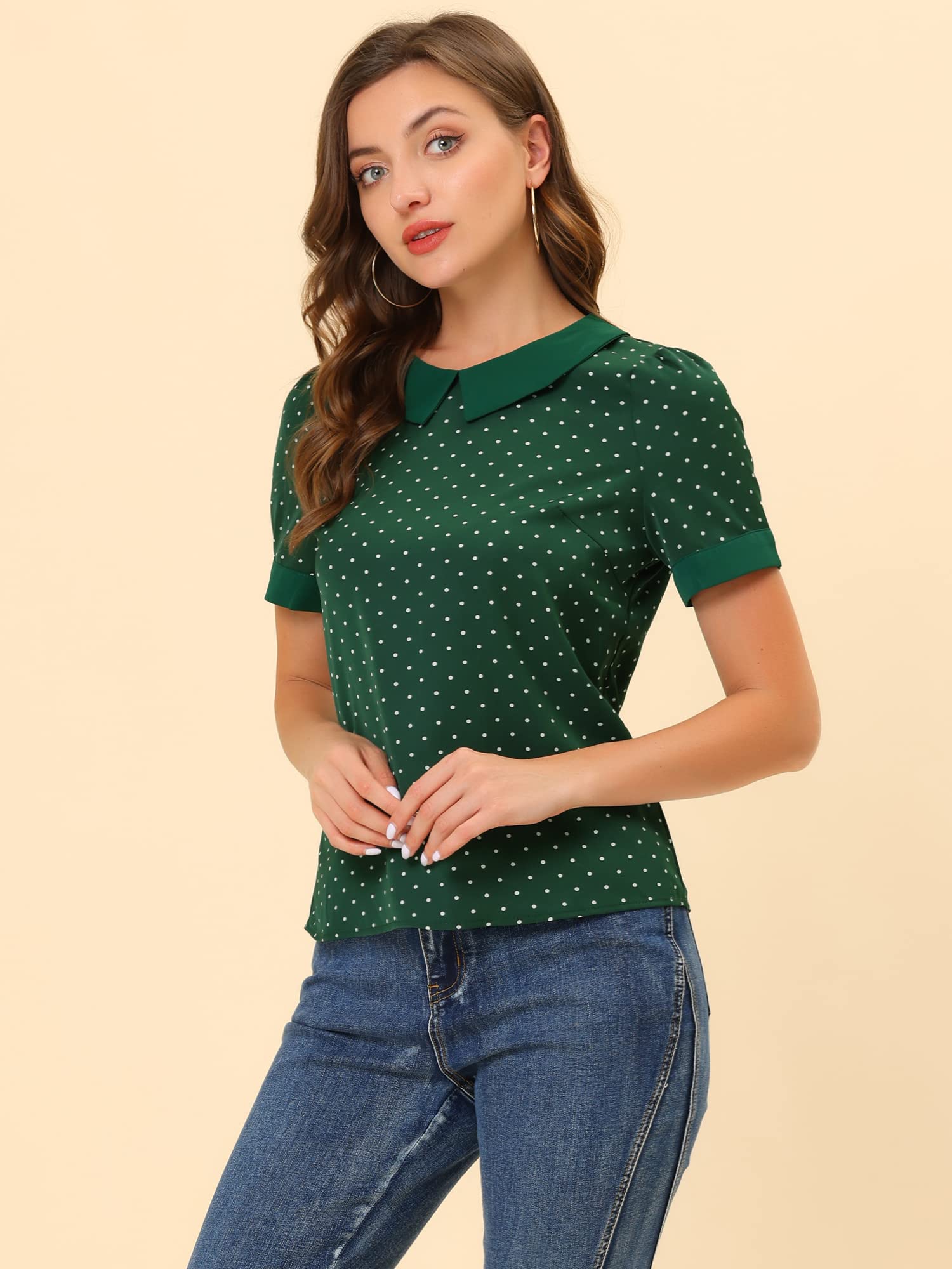 Allegra K Damen Kurzarm Bubikragen Punkte Oberteil Vintage Polka Dots Elegant Top Bluse