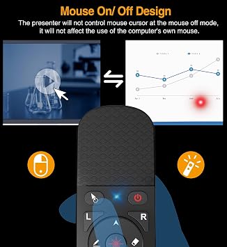 Presentation Remote with Air Mouse Function, Wireless Presenter Clicker RF 2.4GHz USB Laser Pointer Presenter Control PowerPoint Presentation Clicker for Mac, Laptop, Computer