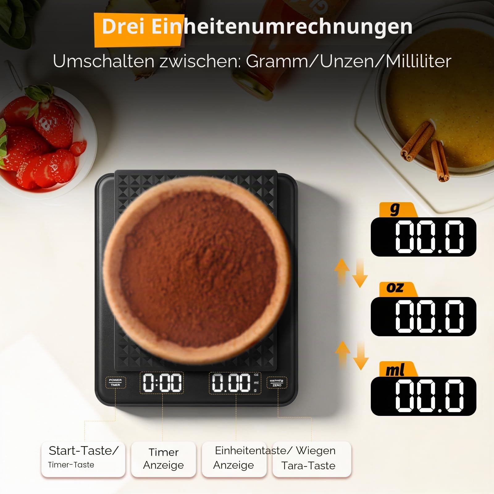 Kaffeewaage mit Timer, Digitale Espressowaage 0,1 g Präzision bis 3 kg, Coffee Scale mit Silikonmatte, USB-C Wiederaufladbar, Mini Barista Waage für Espresso, Pour Over und Küche