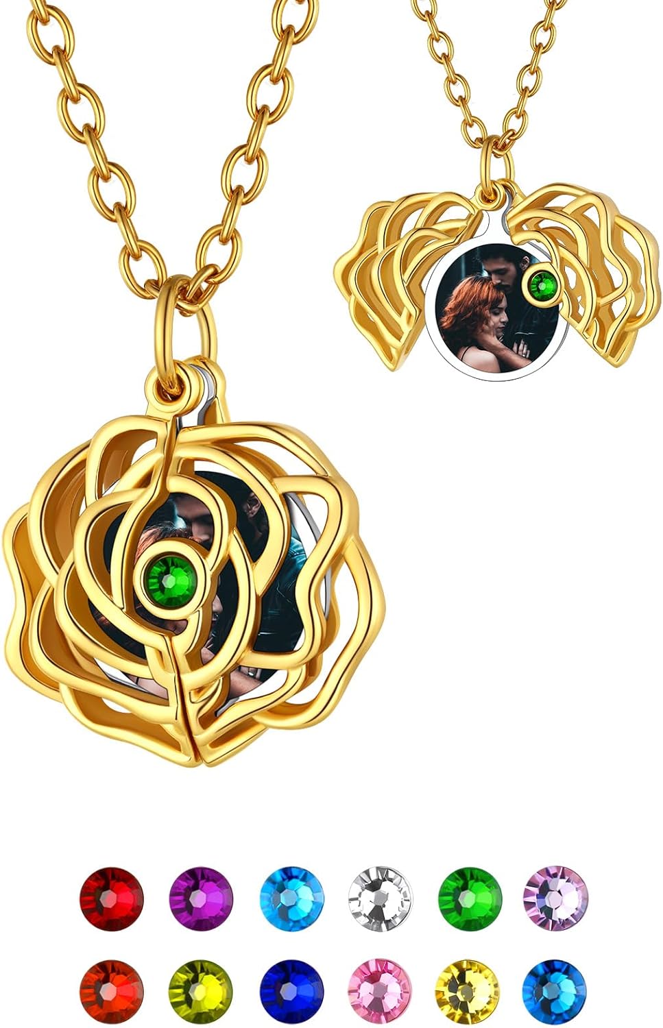 FindChic Customized Locket Necklaces for Women Girl with Custom Birthstone Hollow Heart Rose Flower/Sunflower/Envelope with Zirconia Stone Gold/Silver/Black Picture Personalized Jewelry, Send Gift Box