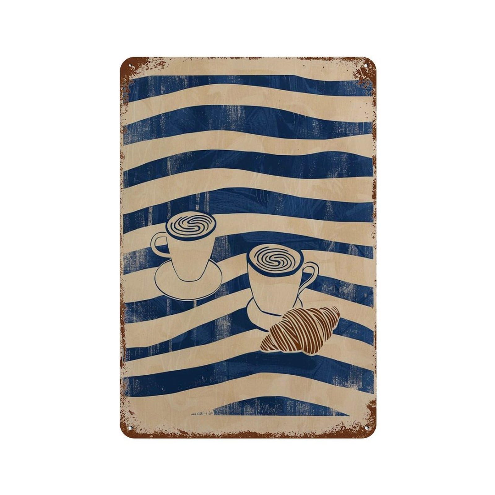 xiaoxiaoshen Coffee Croissant Modern Abstract Kitchen Blue Beige Cafe Minimalist Shop Work Fo Wall Decor Art Metal Tin Poster Modern Home Decor Art Home Bar Shop Decorations Vintage Sign 30x20cm