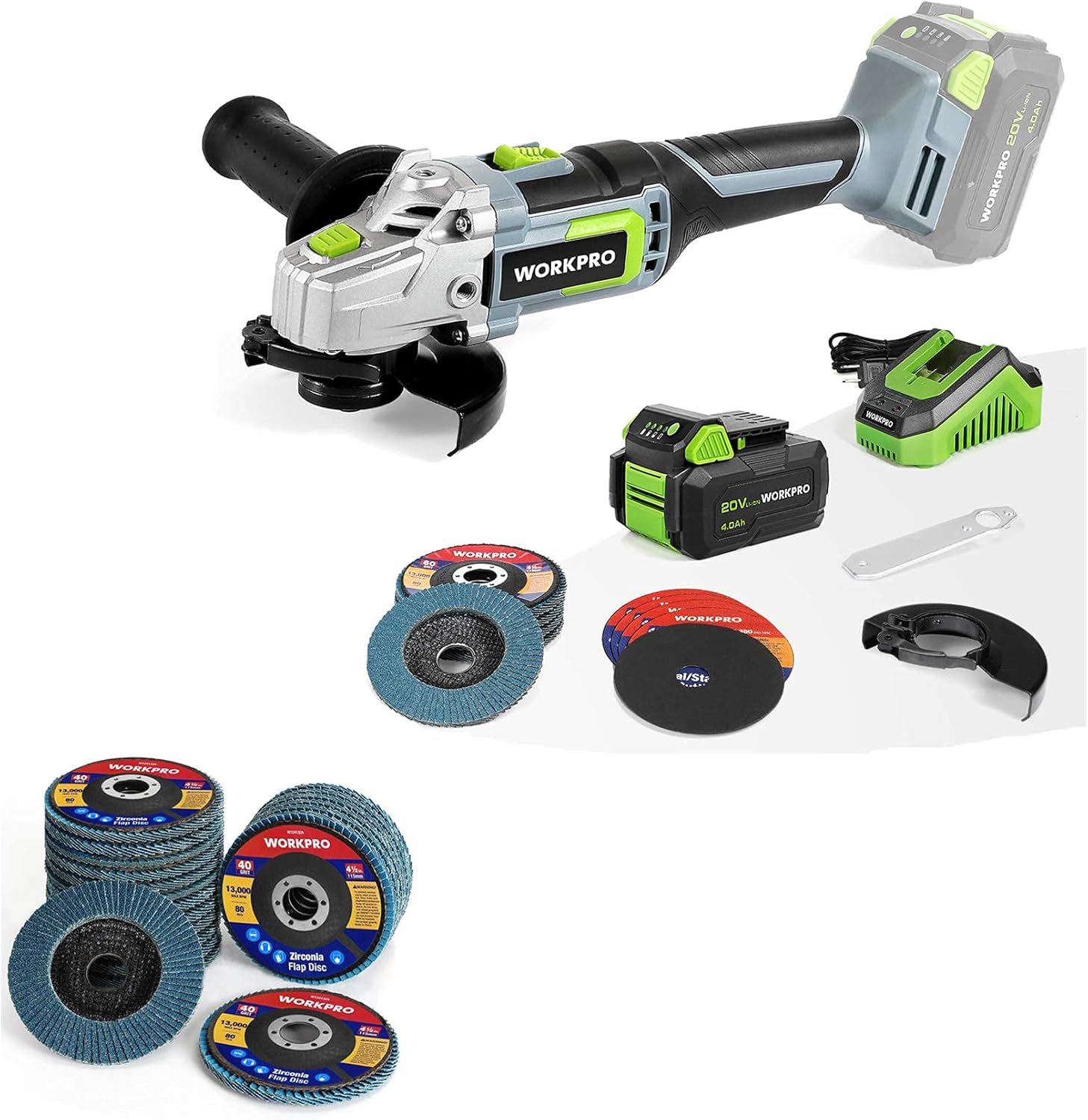 WORKPRO 20V Cordless Angle Grinder Kit, 4-1/2 Inch and WORKPRO 20-Pack Flap Discs, 4-1/2-inch, Arbor Size 7/8-inch