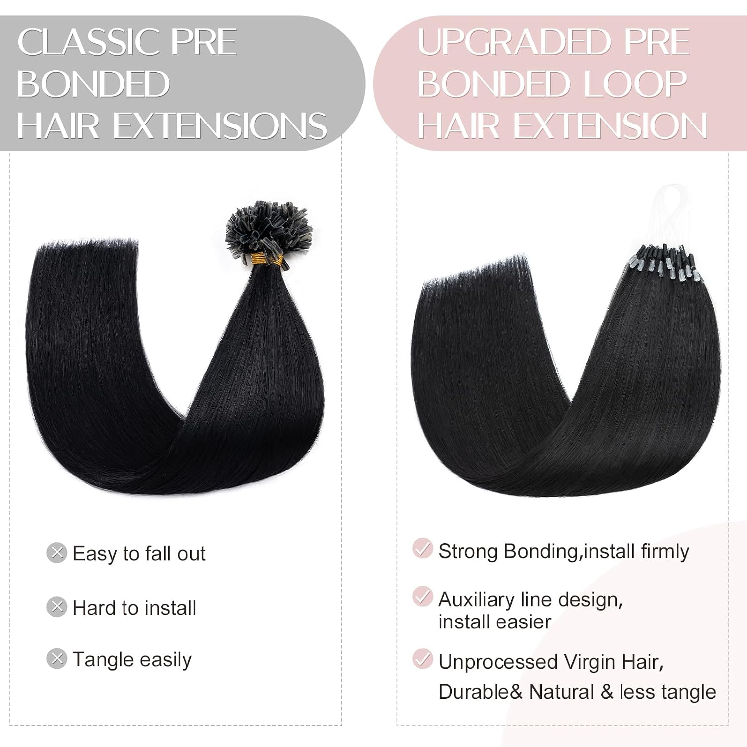 SEGO U Tip Hair Extensions Human Hair, Keratin Bonded & Loop Hair Extensions, K Tip Hot Fusion for Silky Straight Highlights, 1g per Strand, 50 Strands/50g, 22" Jet Black