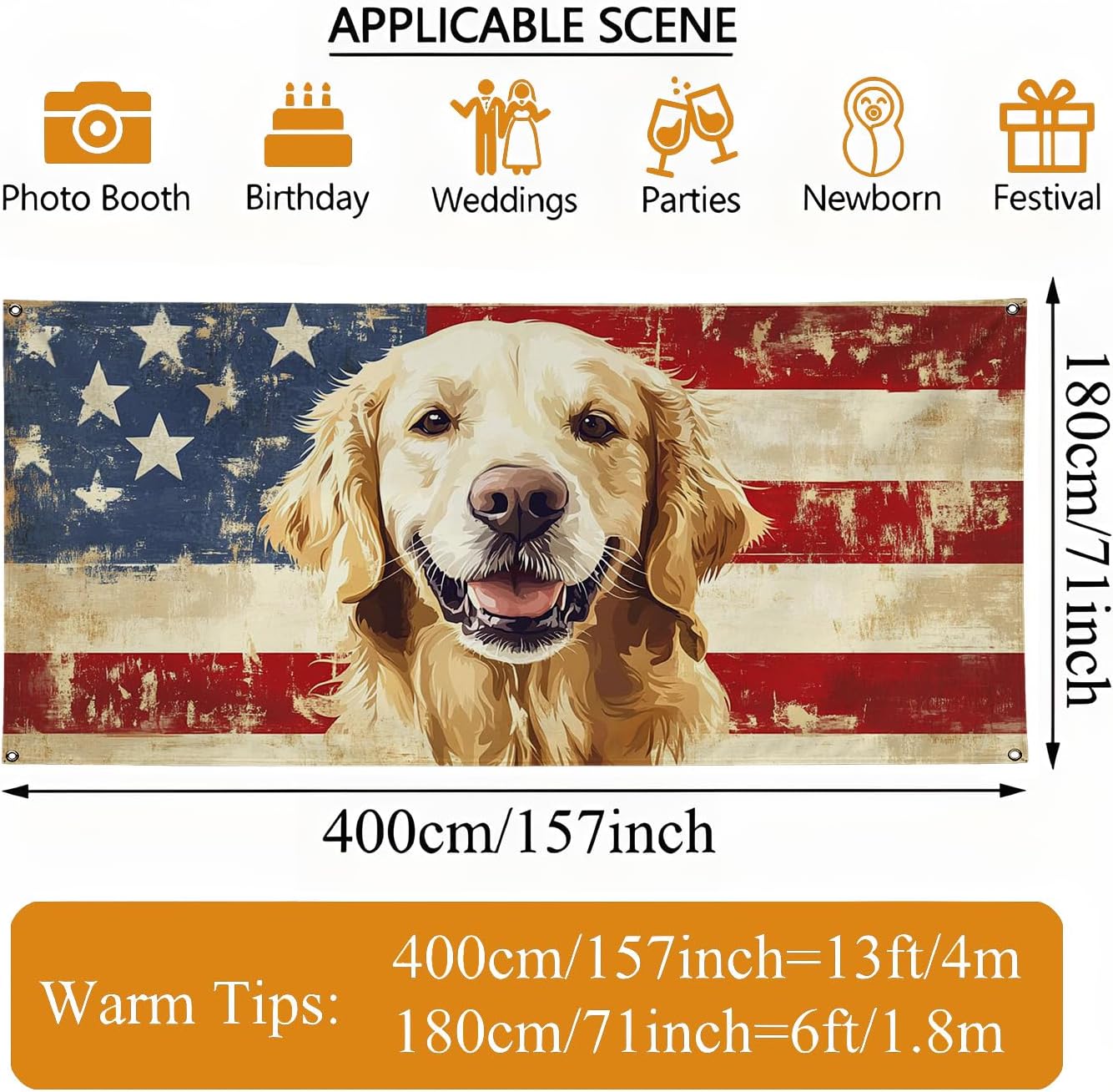 Patriotic Dog Garage Door Cover, Large Rustic American Flag Golden Retriever Banner, Indoor Outdoor Summer Party Decor 157x71 Inch