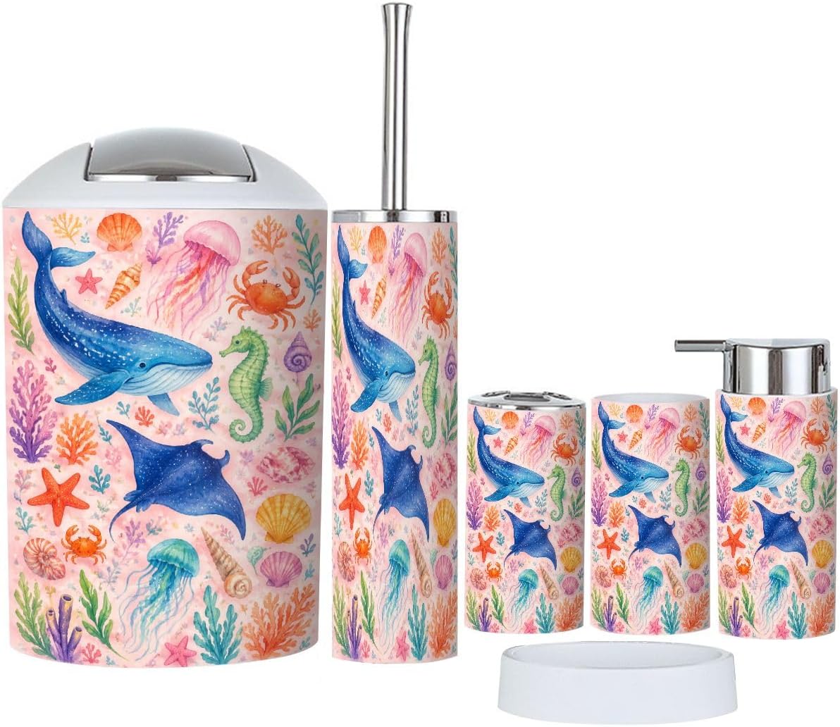 Bathroom Accessories Set 6 piece Colorful Underwater Marine Plastic shatterproof Vanity Organization countertop Decor for Home, Apartment, Dorm