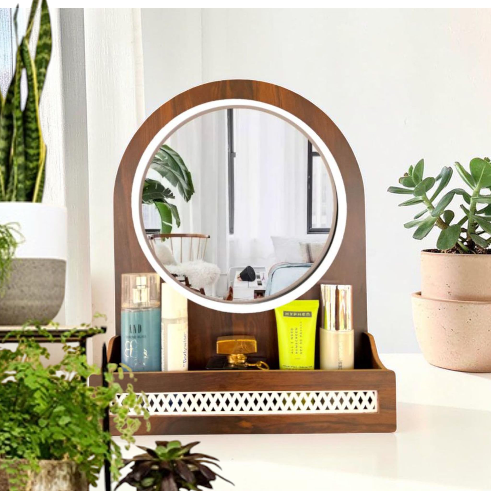 7CR Wooden Wall Mounted Dressing Round Mirror with Storage Shelf, Round, Walnut Brown, 43.5 x 33.4 x 8 cm-image-28