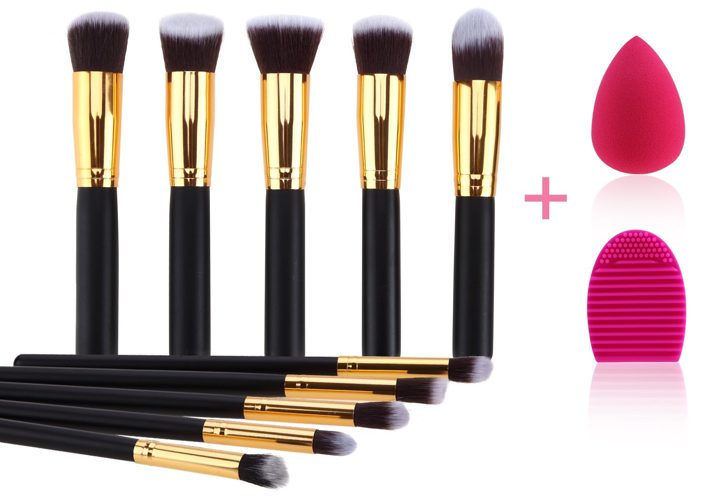 VenGone Makeup Brushes 10+2 pieces Synthetic Kabuki Makeup Brush Set,10 Pieces Professional Blending Powder Eyeshadow face foundational Brushes(Black Gold) with washing egg and Blender Sponge