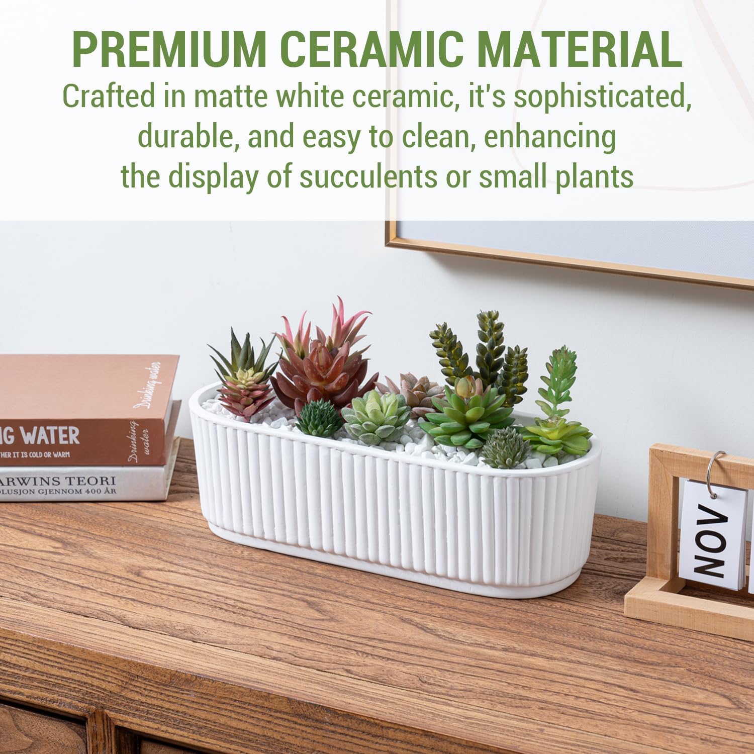 MyGift 12 Inch Ceramic Succulent Planter, Oval Matte White Planter Pot, Indoor Plants Flower Herb Garden Pot Window Box