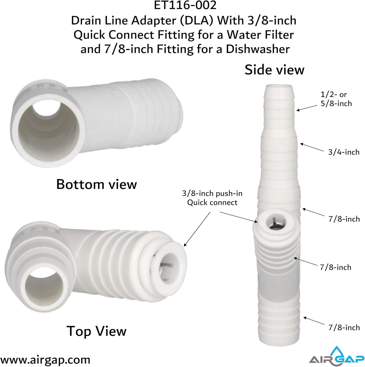 Drain Line Adapter (DLA) With 3/8-inch Quick Connect Fitting for a Water Filter and 7/8-inch Fitting for a Dishwasher (ET116-002, D-38QC, DLA-D)