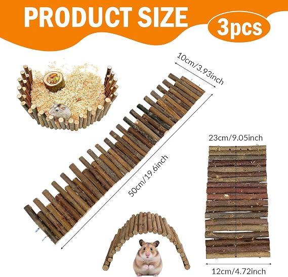 3 PCS Hamster Suspension Bridge Toy, Reptile Hideout Bendable Wooden Bridge 50cm Natural Hideout Molar Chew Toys Toy Wood Ladder Reptile Tank Habitat Decor Wooden Hiding Hut
