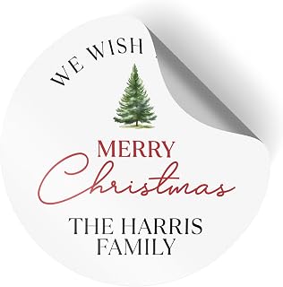 Personalized Merry Christmas Stickers with Family Name - 1.5"- 6 Optional Designs - Custom Merry Christmas Waterproof Round Labels for Gift Boxes, Envelope, Letter & Party Favors, 16 Small Labels