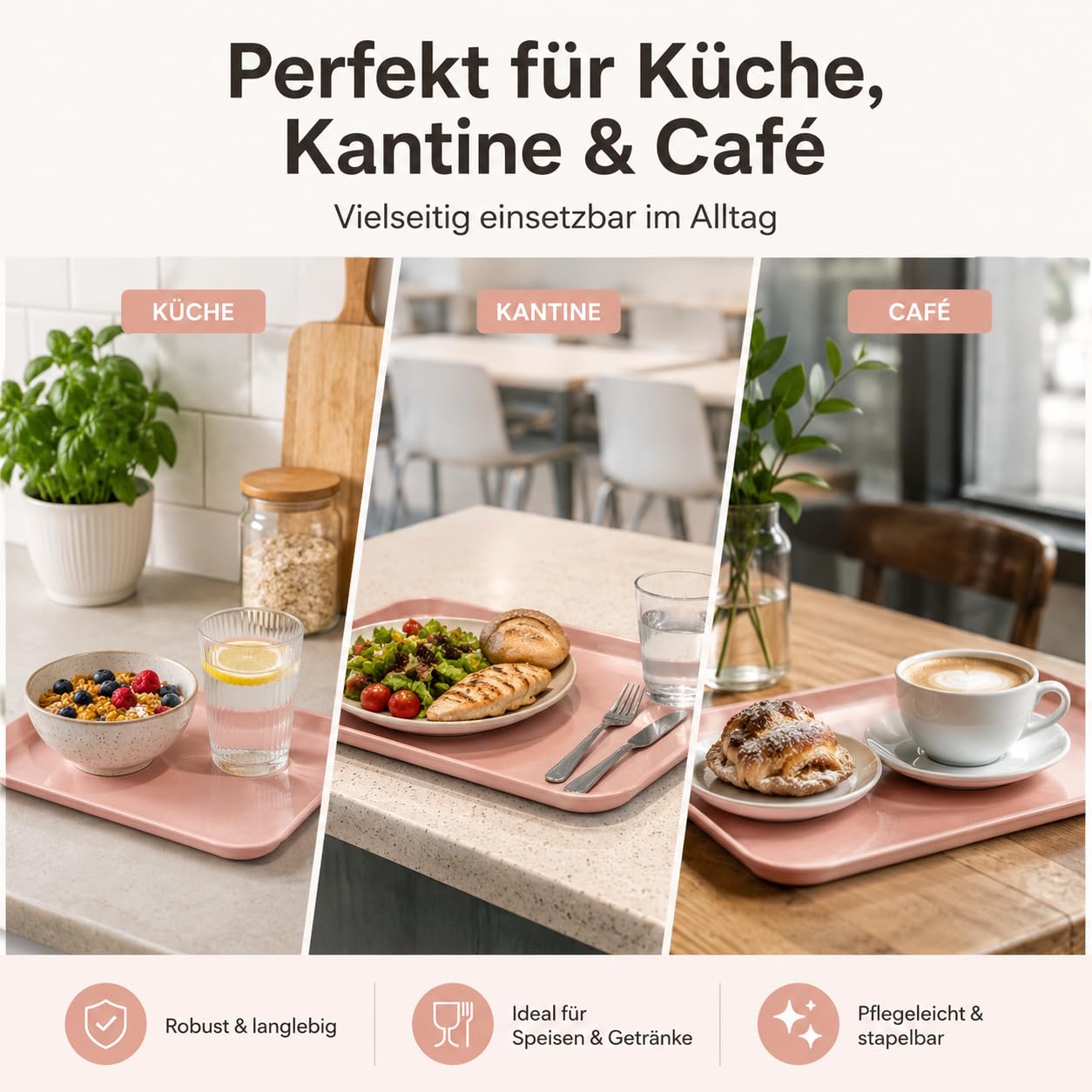 Lot de 24 plateaux de service jusqu'à 20 kg - Résistants aux températures - Passe au micro-ondes - Bord surélevé - Rectangulaire - Passe au lave-vaisselle - Pour cuisine, cantine, café (rose)
