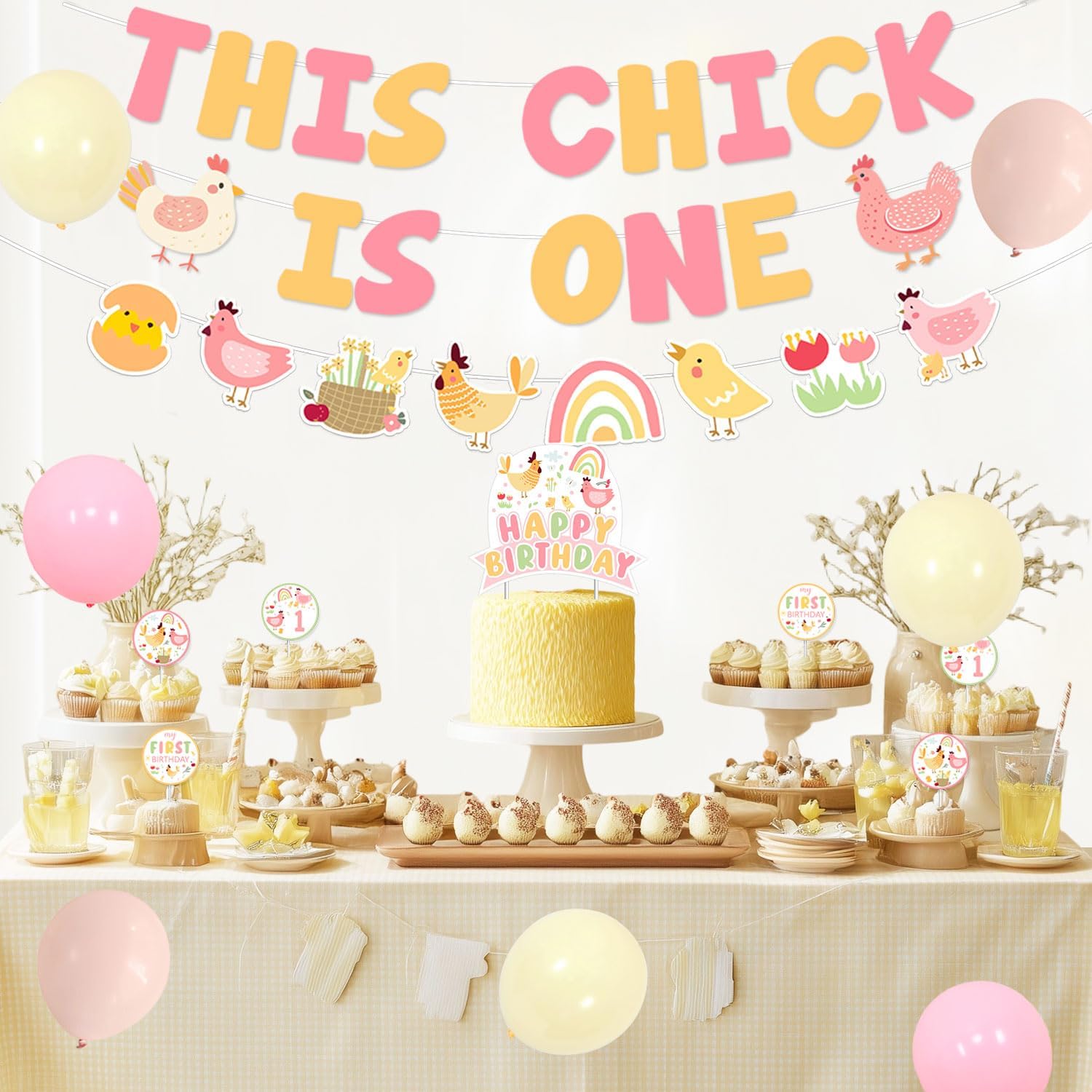 Chicken Themed 1st Birthday Decorations This Chick Is One Backdrop Farm Animals Banners Cute Chick Cupcake Cake Toppers Pink Orange Yellow Latex Balloons for Boys & Girls 1st Birthday Party Supplies - Image 3