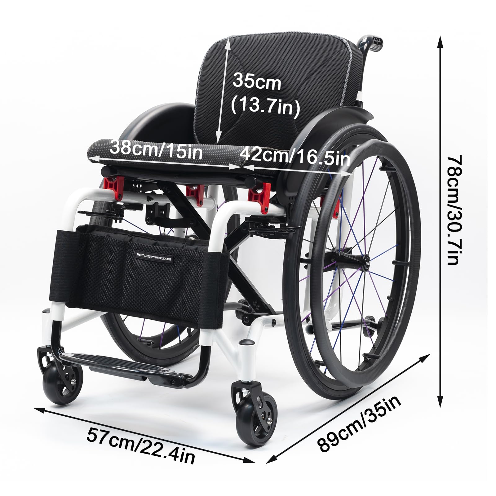 Silla De Ruedas Ligera Para Adultos,Silla de Ruedas Deportiva Manual Plegable,Ultraligera de Aleación de Aluminio,Freno de mano, liberación rápida,Silla de ruedas de tránsito(Seat width 38cm/15in,B)