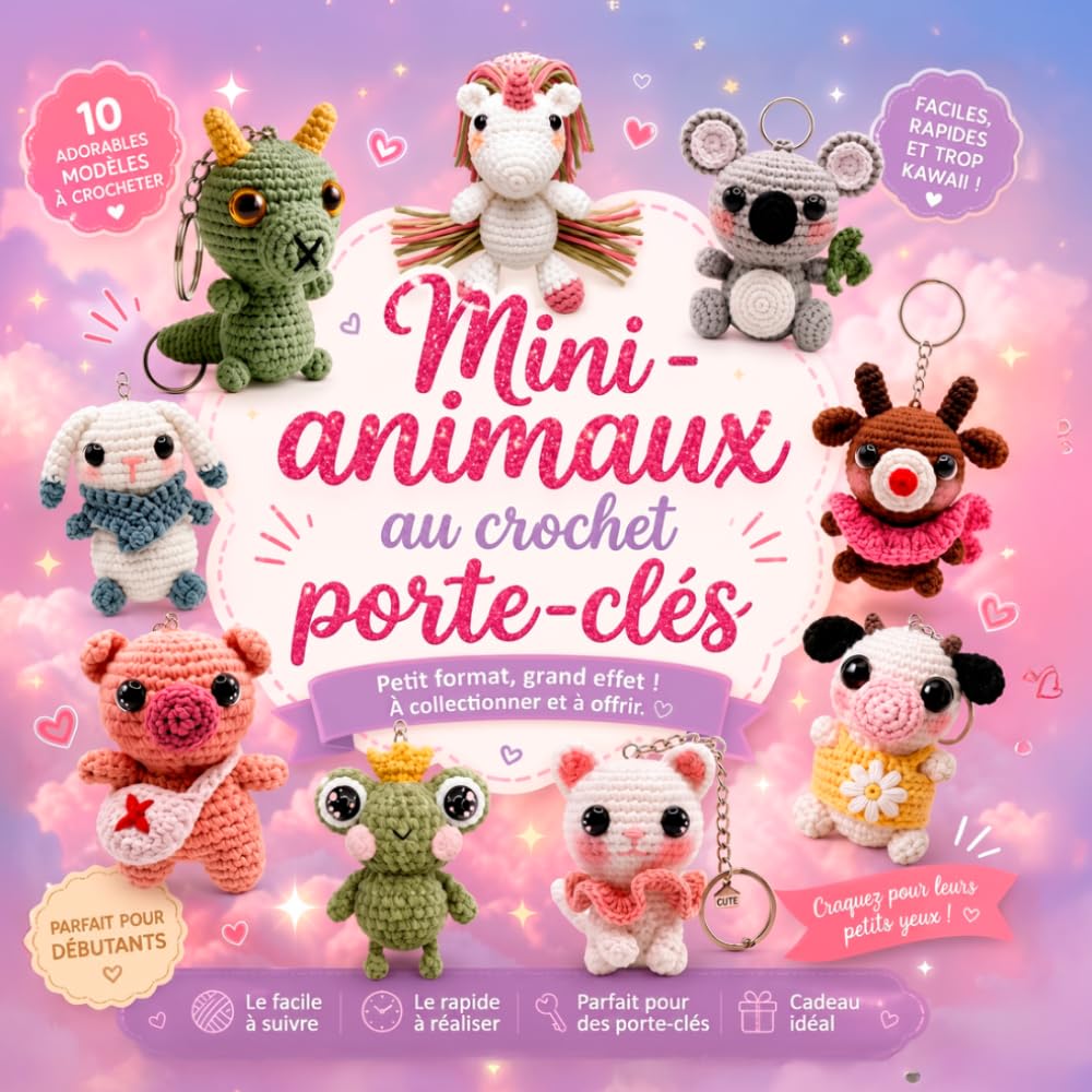 Mini Animaux au Crochet Porte-Clés: Animaux au crochet pour débutants, modèles de crochet et livre d’amigurumi avec 12 créations adorables à réaliser pas à pas