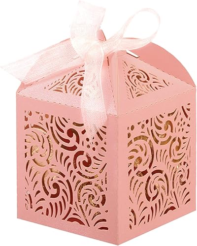 Vista 5 de COTOPHER 100Pcs Laser Cut Favor Boxes, 2x2x2.75in Small Gift Boxes for Presents, Party Wedding Favors Boxes with Ribbon, Mini Candy Boxes for Event