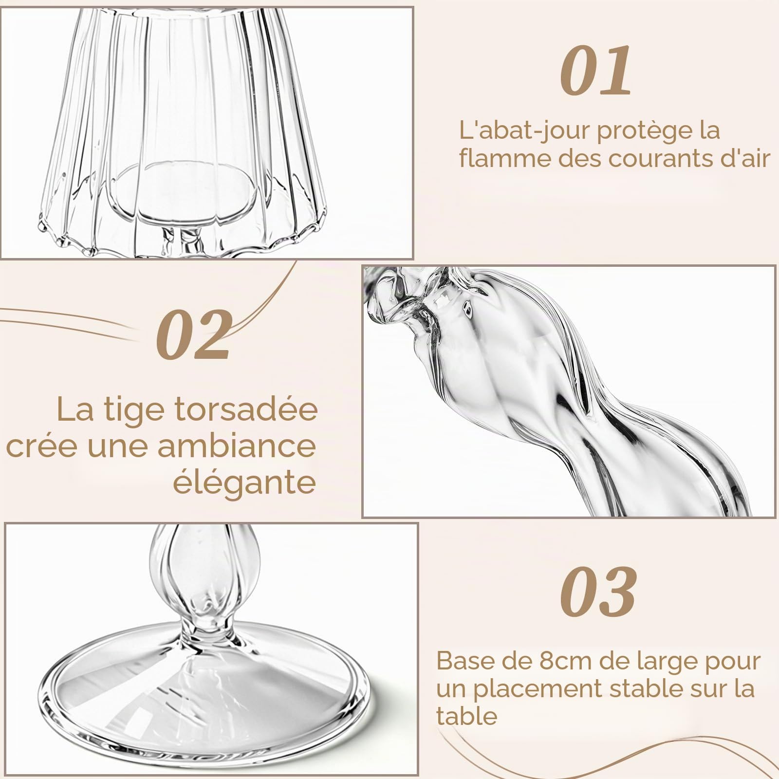 Sziqiqi 4 Pièces Bougeoir en Verre, Chandelier Support pour Bougies Chauffe-Plat Transparent, Moderne Candélabre Photophore pour Table Deco Salon Noel Maison Cadeaux de Mariage Fêtes