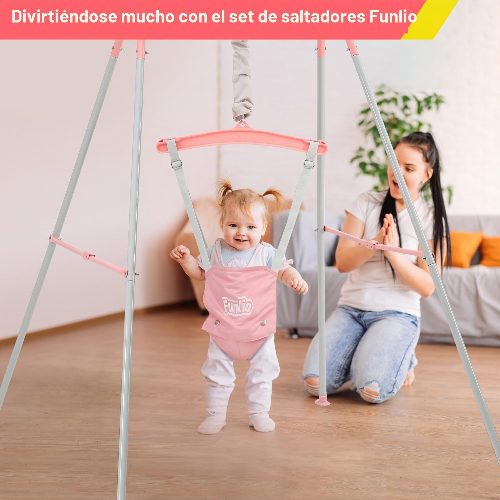 FUNLIO Saltador de puerta con soporte para bebé （6-24 meses) juego de ejercicio de columpio para jugar en interiores/exteriores para bebé niña/niño, con cadena ajustable, fácil de montar - Rosa