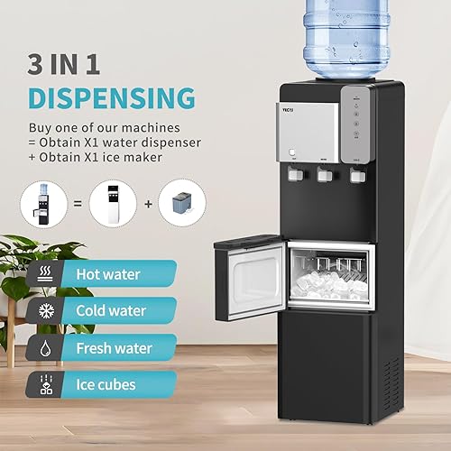 Miniatura 2 de VECYS Enfriador dispensador de agua con máquina de hielo, fabricación diaria de hielo de 27 libras y suministro de agua fría caliente, bloqueo de