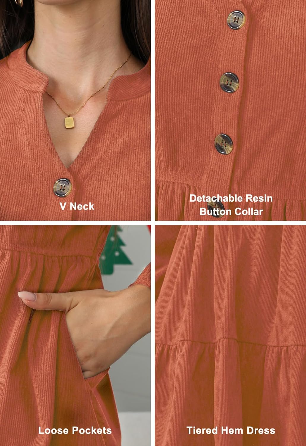 Jayscreate Women's 2025 Long Sleeve Corduroy Dress Above Knee A-Line V Neck Fall Winter Short Work Dress - Image 7