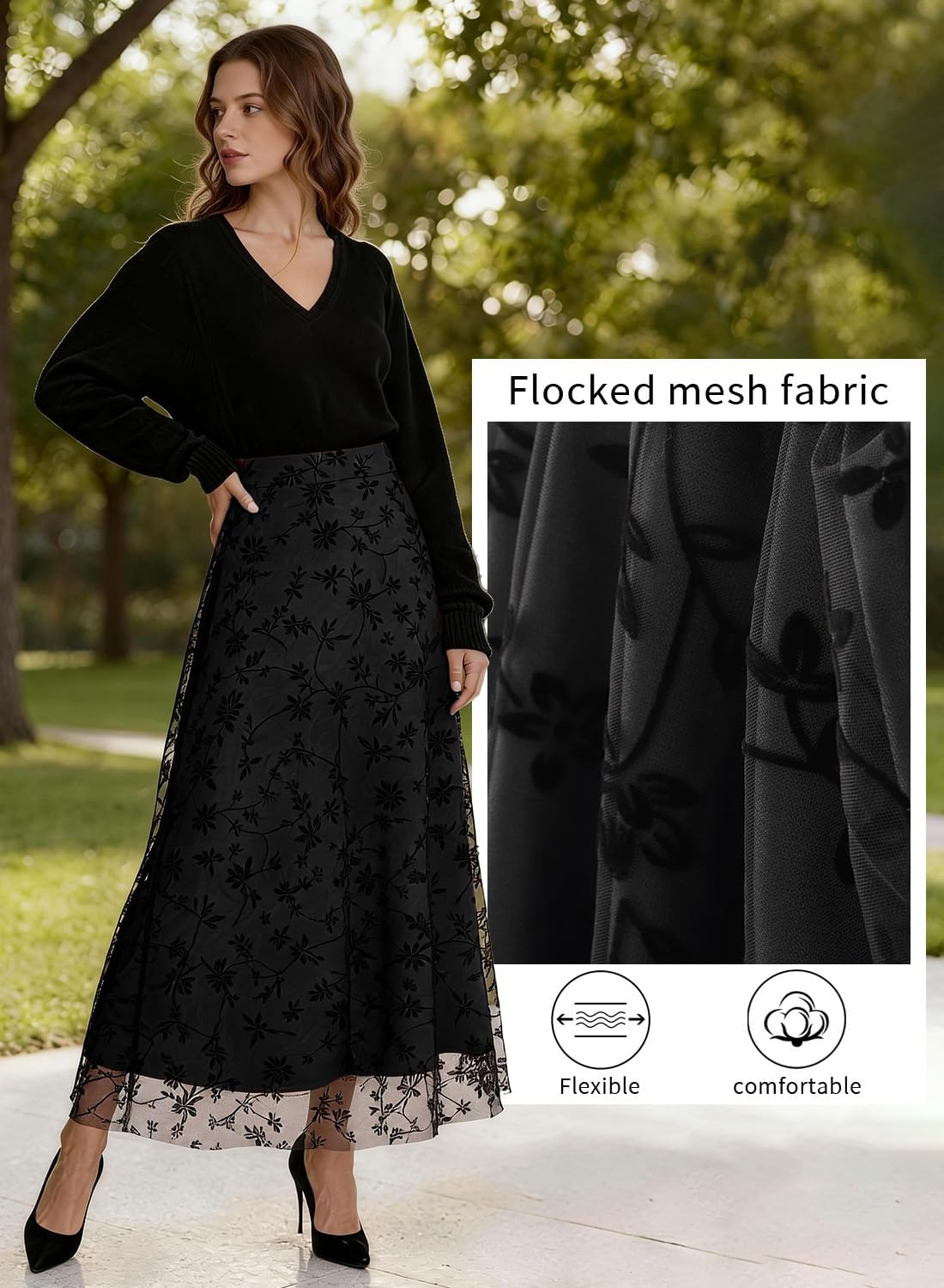 Dressy Skirts for Women High Waist A Line 3D Floral Vintage Flowy Chiffon Skirt Long Midi Length - Image 2