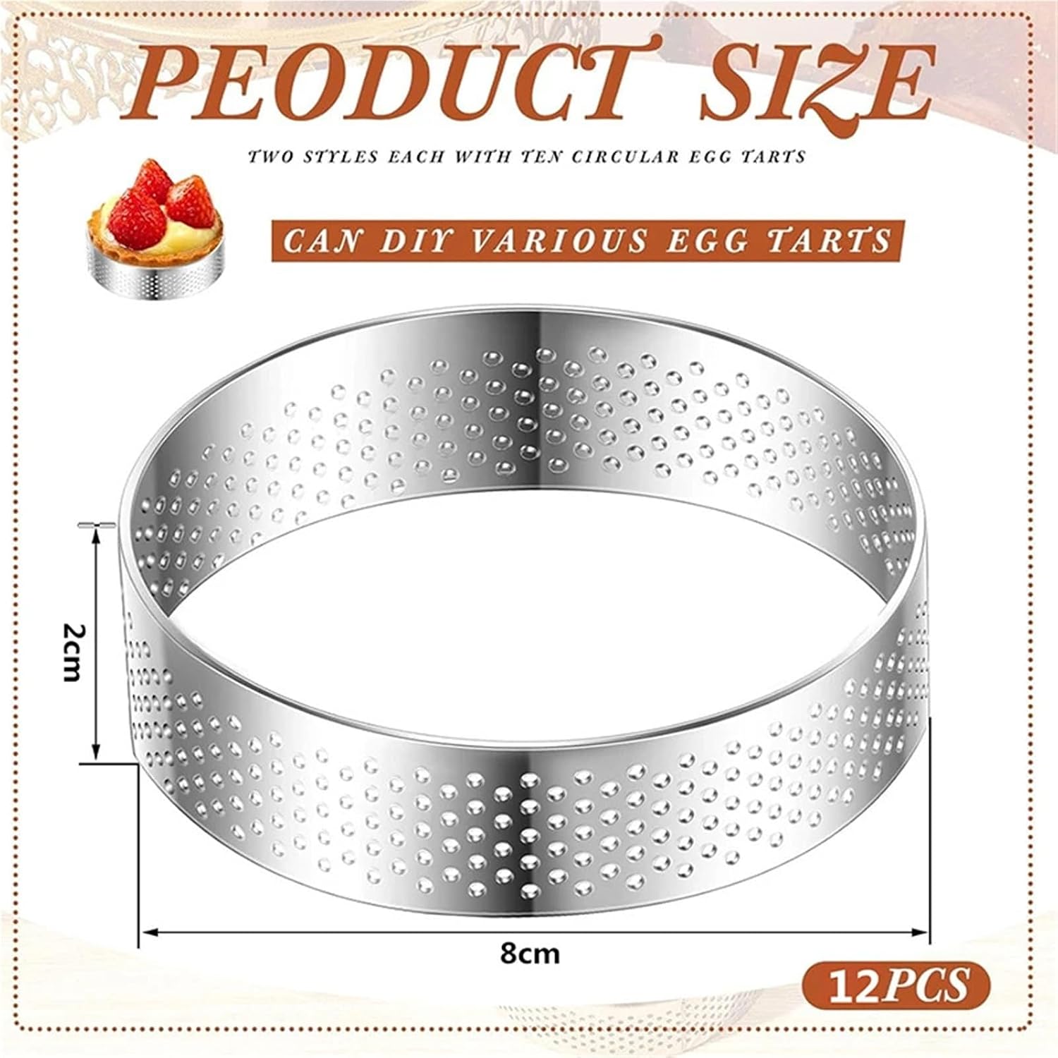 12 Pcs Round Perforated Tart Rings Stainless Steel Nonstick Baking Mousse Dessert Rings(13cm)