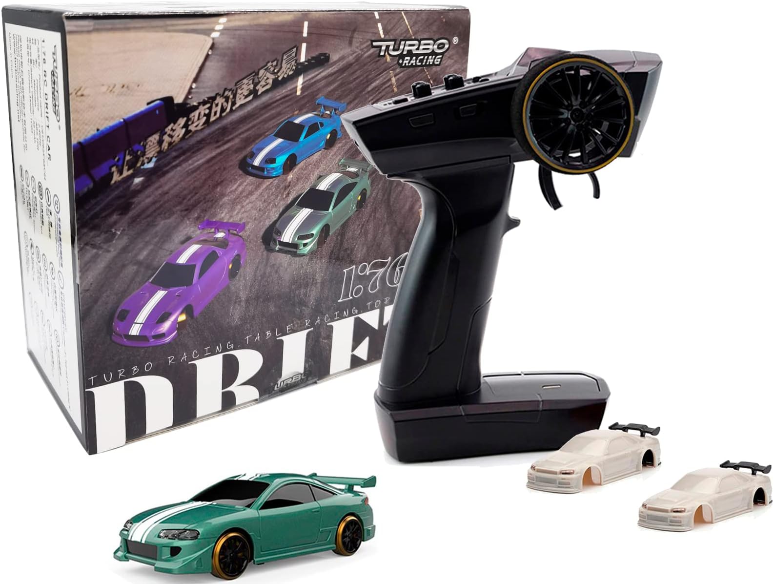 Turbo Racing C62 1:76 Scale Drift RC Car with Gyro Mini Full Proportional RTR 2.4GHz Remote Control with 2 Interchangeable Car Body Shells (Gray-Green)