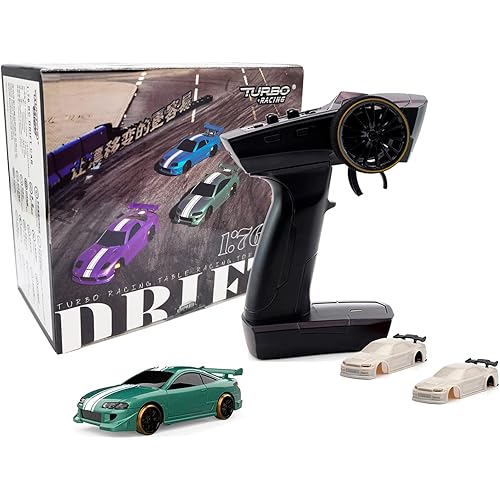 Turbo Racing C62 1:76 Scale Drift RC Car with Gyro Mini Full Proportional RTR 2.4GHZ Remote Control with 2 Replaceable Body Shell(Grayish Green)