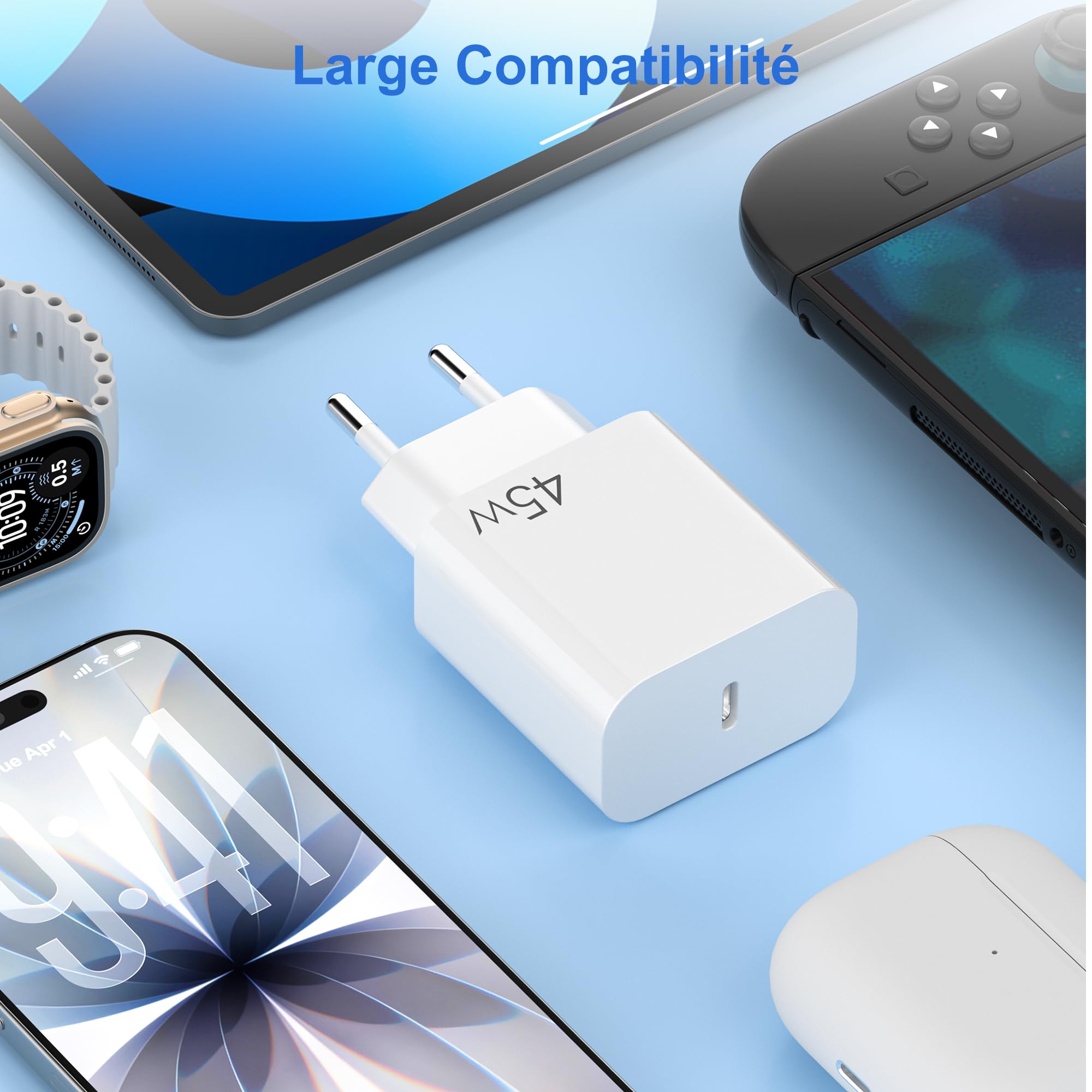 YISH Chargeur USB C Rapide GaN 45W - Secteur Prise USB C Chargeur Rapide pour Smartphone 17/16/15 Pro MAX/S25/S24/S23 Comprimés Embout Adaptateur Type C Mural Fast Charger, 60W 1M Cable Type C - 5