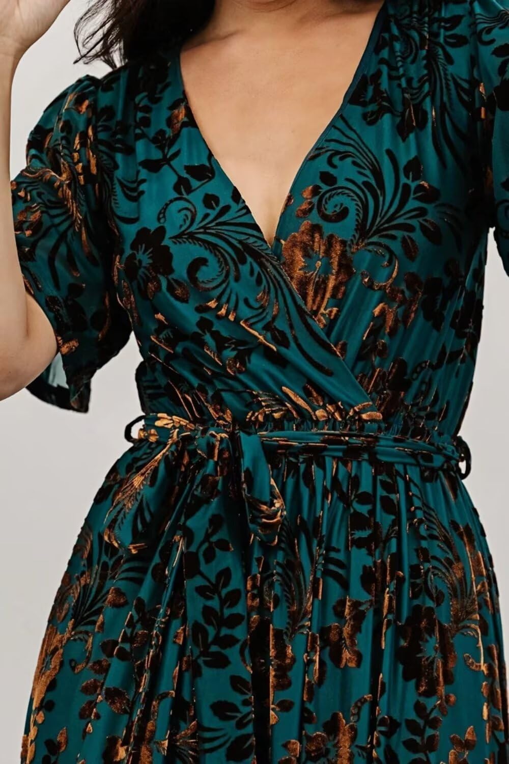 Women's Velvet Wrap Dress Floral Short Sleeve V Neck Cocktail Formal Maxi Dress with Slit