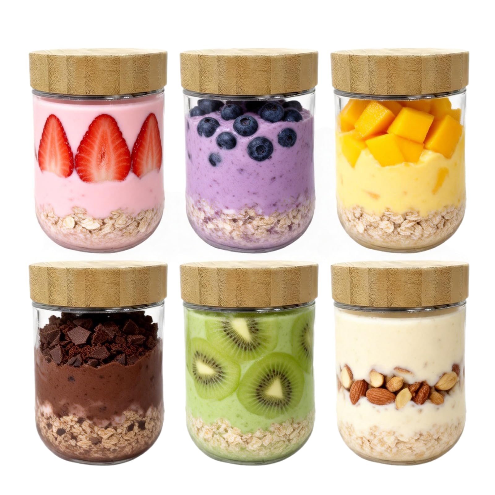 Hniuyun Overnight Oats Jars 16 Oz - 6 Pack Glass Containers With Bamboo Airtight Lids For Yogurt, Chia Pudding & Meal Prep