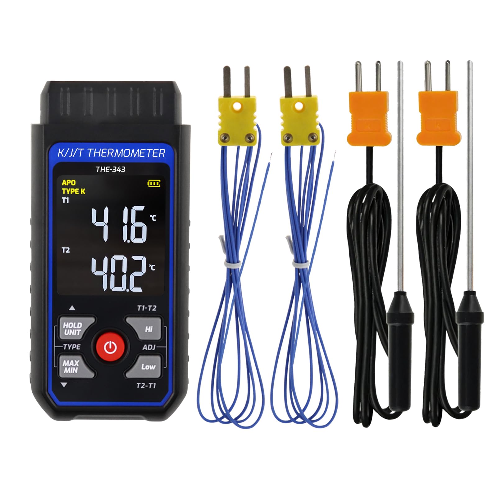 Thermocouple Thermometer Digital K/J/T Type with 4 K Type Thermocouple, HVAC Thermometer with Alarm & Adj Compensation, Temperature Meter -328°F ~ 2501°F Measuring Range
