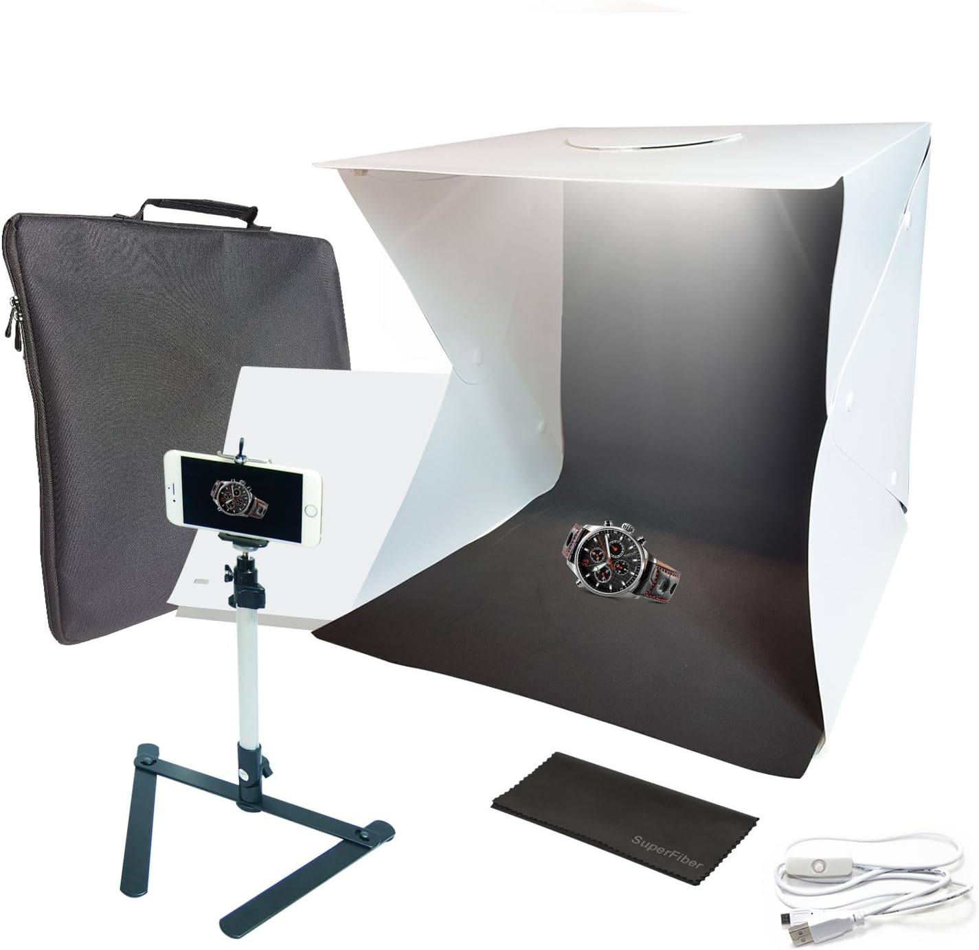 16-inch Cubic (40 x 40 x 40 cm) 70 LED Foldable & Portable Photo Studio Lighting Box Tent Kit with White/Black Background, USB Power Cable, Table Top Mini Stand, Cellphone Clip Holder, AGG2336