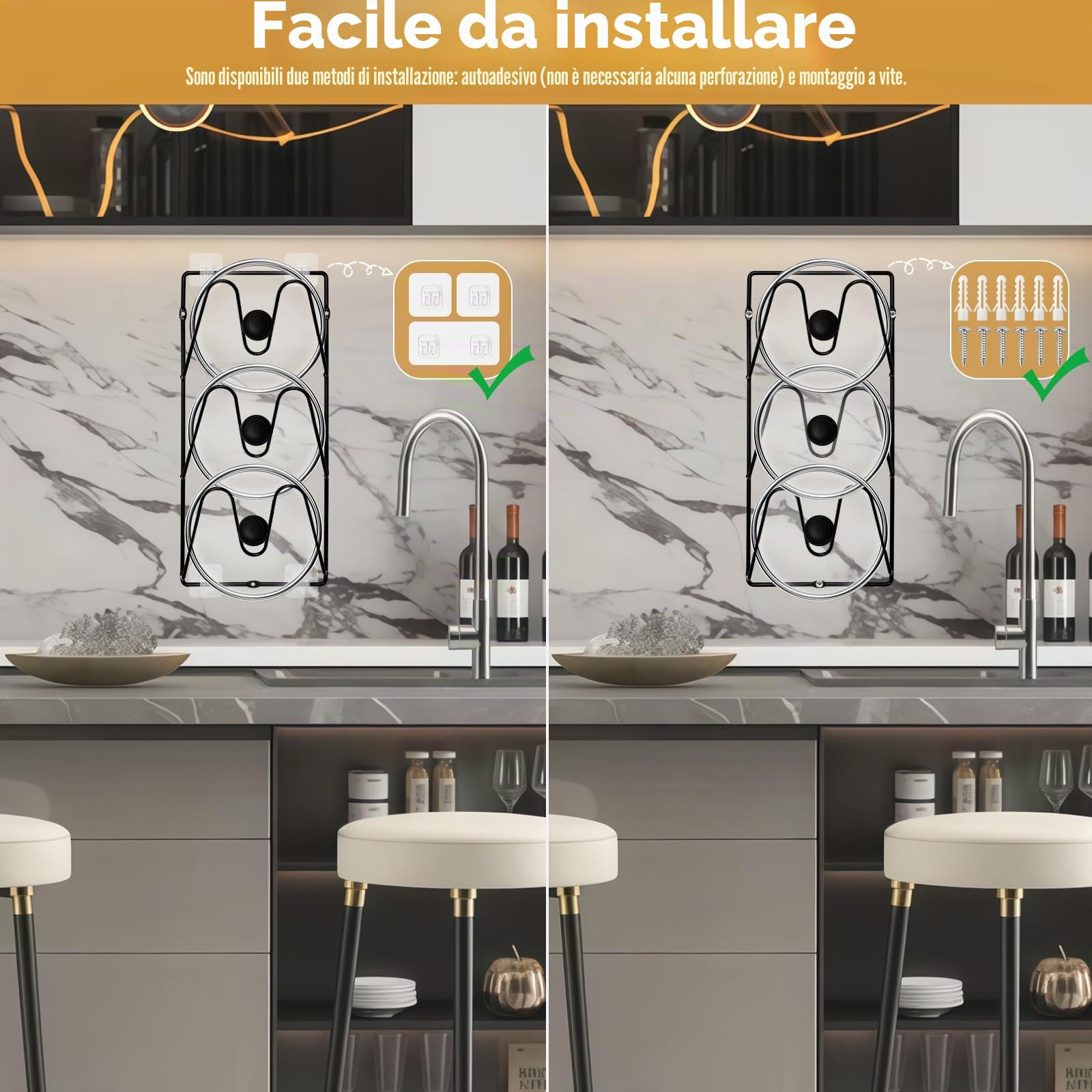 Confezione da 2 organizer per coperchi di pentole, 6 ripiani a V, da parete, con 6 adesivi, 6 chiodi e 6 tasselli in plastica per pareti, ante dell'armadio, sotto il lavandino (nero)