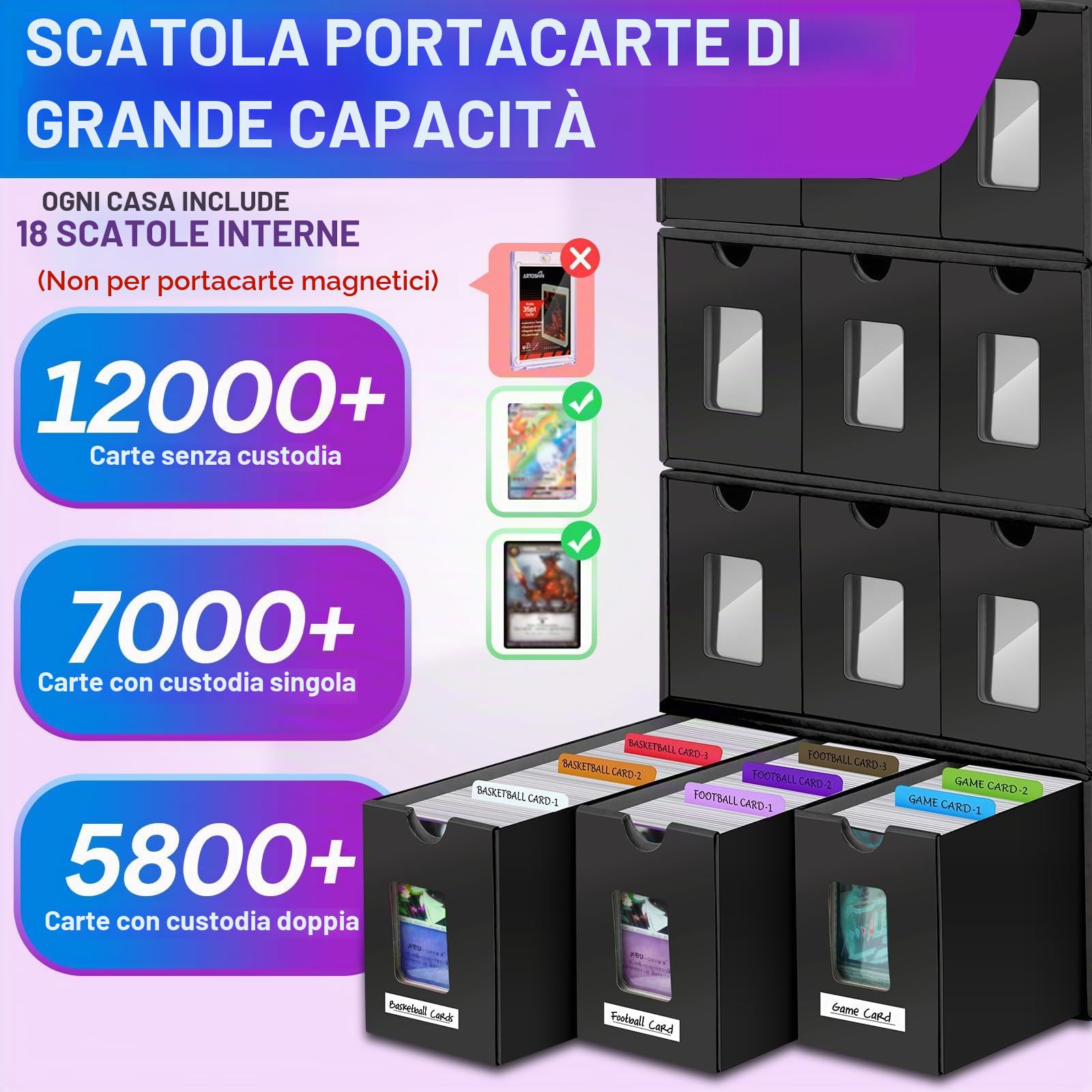 Scatola per Carte da Collezione per 18000+ carte,Box Porta Mazzo per Carte MTG con 60 Divisori Etichette e Nastro Adesivo, Trading Card Box, Porta Carte per TCG, MTG, PTCG Carte